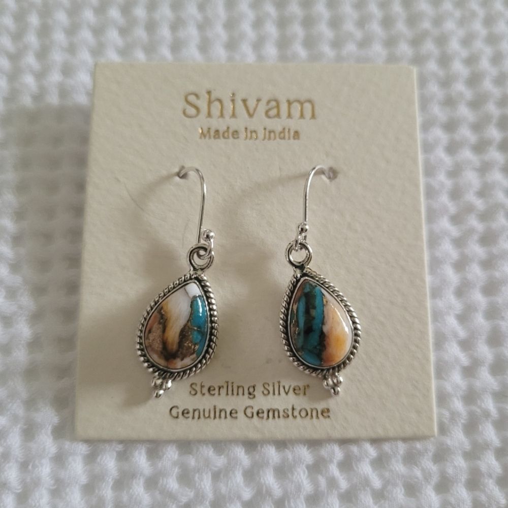 Shivam Oyster Blue💙 Copper Turquoise Teardrop💧 Earrings - Picture 8 of 12